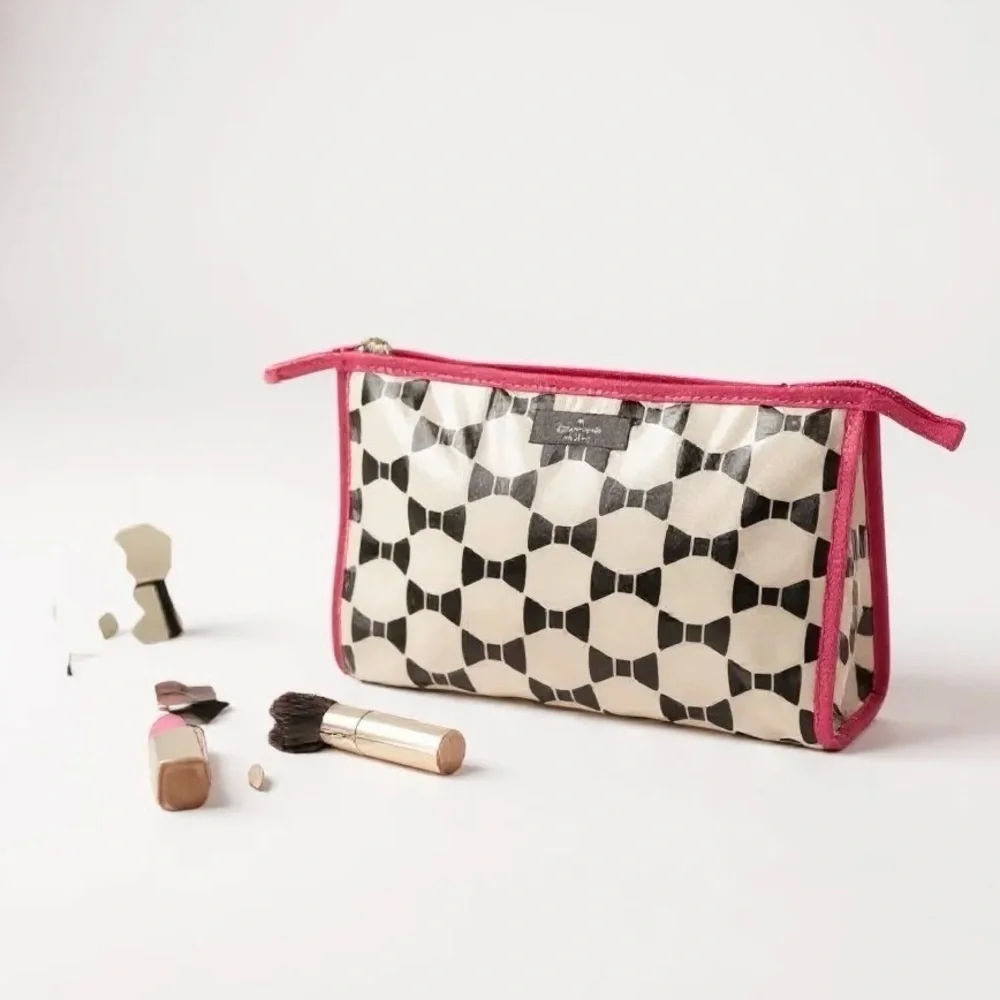 KATE SPADE Colin Makeup Bag Plastic Coating Hot Pink Black Bows White Zip